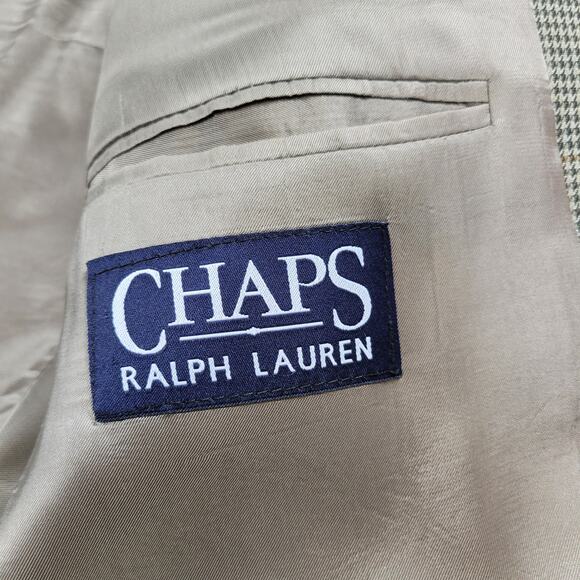 VTG Chaps Ralph Lauren Silk Wool Blazer Mens 42S Green Houndstooth Pane Jacket - Picture 3 of 16